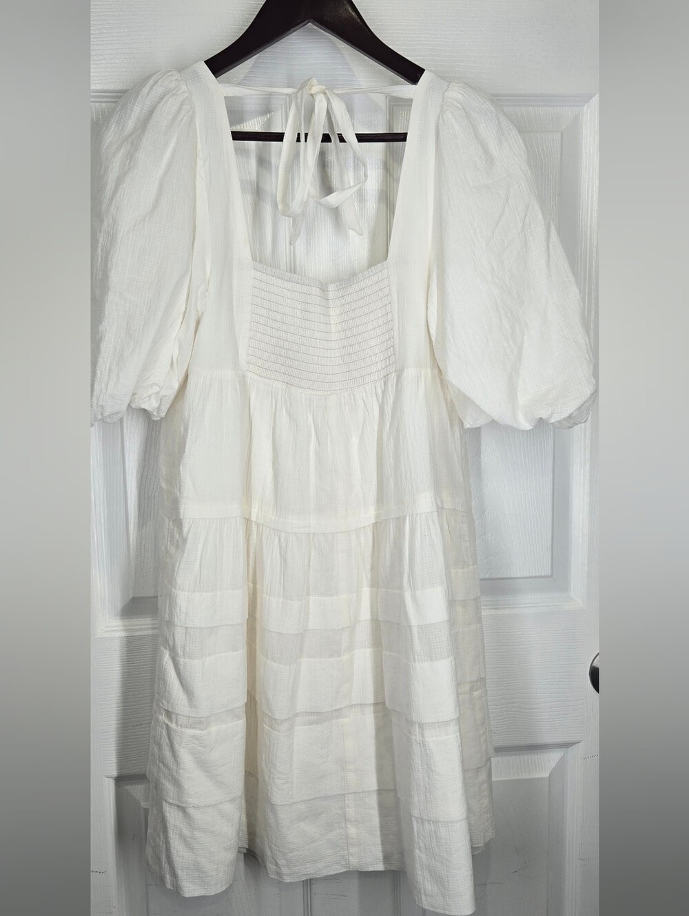 Anthropologie Square-Neck Puff-Sleeve Tiered Mini Dress White M - Picture 16 of 17